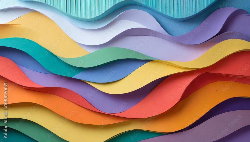 Poster dynamic and vibrant wavy background in paper cut style featuring multicolored layers for creative de