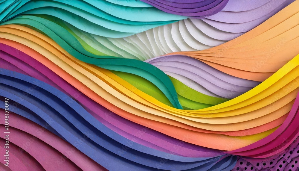 Poster vibrant and colorful wavy background in a modern paper cut style, featuring dynamic gradients and la