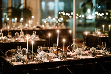 Elegant Festive Dinner Setting with Candles and Disco Balls