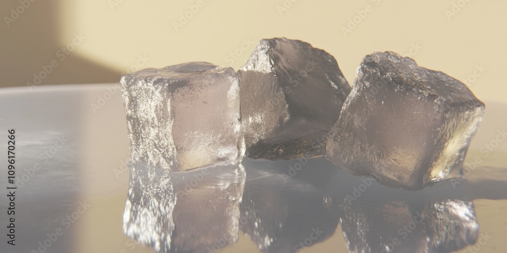 Poster three ice cubes on a reflective surface, illuminated by soft light.