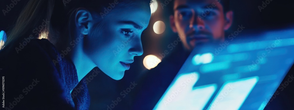 Poster A woman and a man interact with a glowing digital interface in a darkened environment.