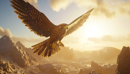 Majestic hawk soaring above rugged mountains during a breathtaking sunrise in a tranquil landscape