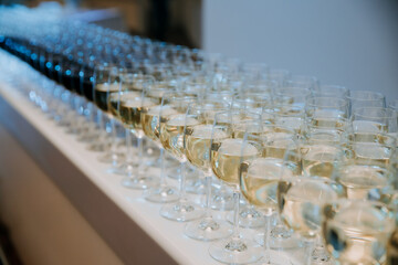 Rows of Glasses Filled with Sparkling White Wine