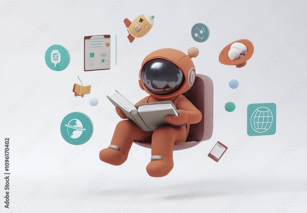 Poster a cartoon astronaut reads a book surrounded by icons of knowledge and exploration.