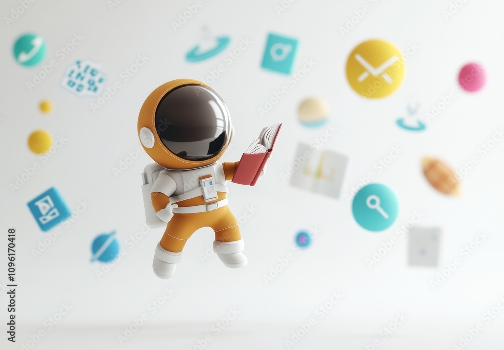 Poster a playful astronaut reading a book amidst colorful educational icons in a whimsical setting.
