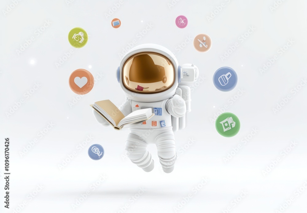 Poster an astronaut reading a book, surrounded by colorful icons representing various interests.