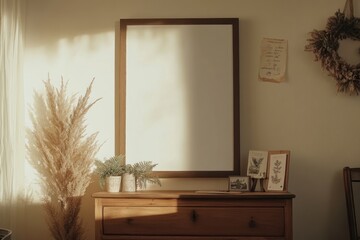 A serene room with a mirror, plants, and warm lighting, creating a cozy atmosphere.