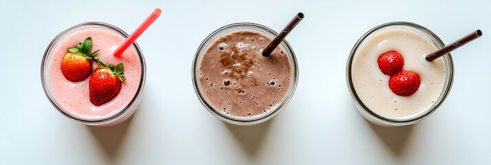 Smoothies With Strawberry and Chocolate Arranged on a Table From a Top View