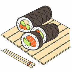 Sushi rolls with avocado, elegantly presented with chopsticks resting beside them.