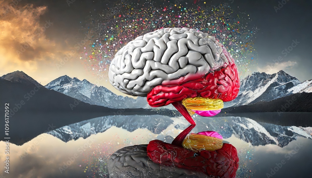 Poster a dynamic representation of the human brain bursting with creativity, showcasing vivid multicolored 