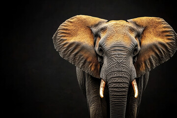 Fototapeta premium Majestic African Elephant with Detailed Textured Skin and Tusks on a Dramatic Dark Background for Wildlife Conservation and Safari-Themed Projects