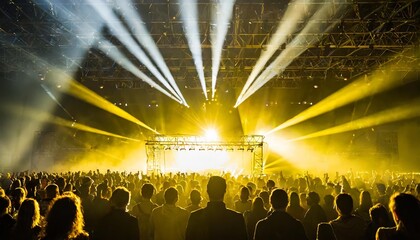 Dynamic concert scene featuring crowd shadows cast against radiant yellow stage lights, capturing...