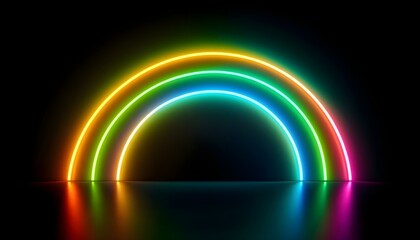 Rainbow neon light, glowing rainbow arch in black background. A vibrant neon rainbow arches against a black background, casting a reflection on the surface. A neon light rainbow background