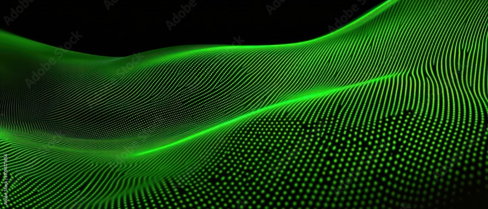 Poster Abstract green wave pattern with dotted texture on a dark background.