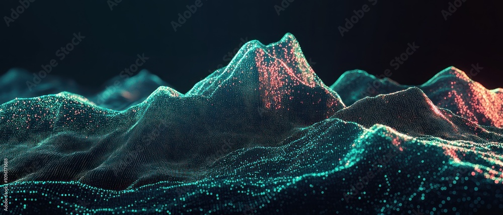 Poster Abstract digital landscape with glowing peaks and valleys, representing data visualization.