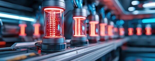 A futuristic scene featuring glowing energy containers lined up in a sleek, high-tech environment.