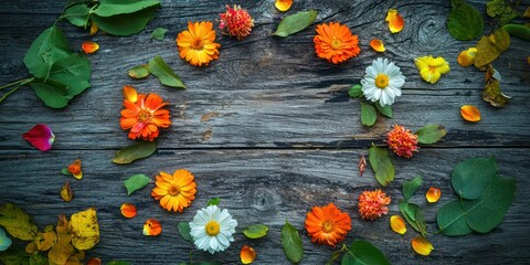 An overhead view of fresh spring flowers arranged in a circular pattern on a rustic table, with leaves and petals scattered around.