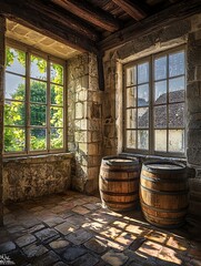 Sunlit Wine Barrels in a Historic Stone Room with Large Windows.