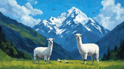 Naklejka premium Two Llamas Standing in Lush Green Field with Majestic Snow-Capped Mountains Under Clear Blue Sky and Birds Flying Above in Scenic Landscape