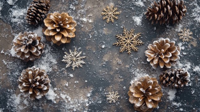 Winter holiday backdrop showcasing assorted pine cones adorned with snowflakes on a textured surface, evoking a festive, seasonal atmosphere.
