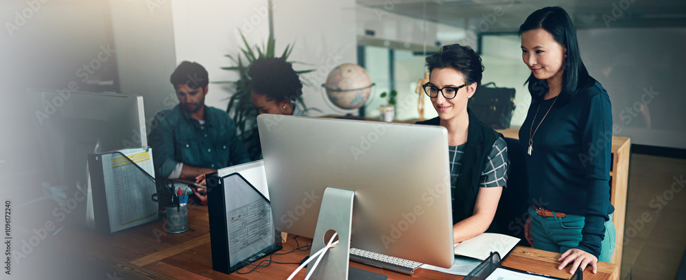 Aufkleber Computer, programming or web development with business people in office for project management. Collaboration, creative and discussion with developer team in workplace for IT support or solution