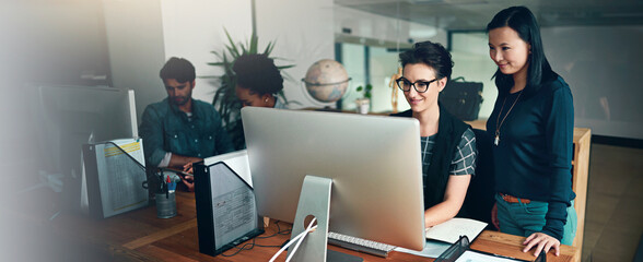 Computer, programming or web development with business people in office for project management....