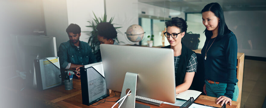 Computer, programming or web development with business people in office for project management. Collaboration, creative and discussion with developer team in workplace for IT support or solution