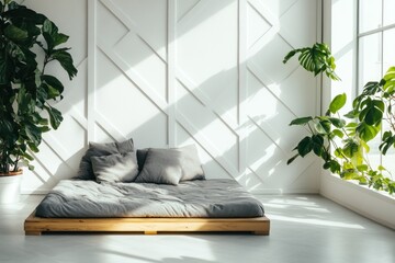 A minimalist bedroom with a low wooden bed and lush plants by large windows.