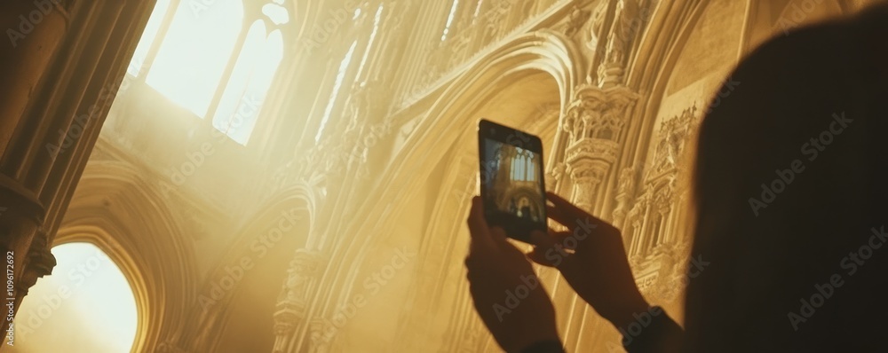 Poster a person captures a photo of intricate architecture illuminated by soft light.