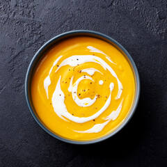 Butternut squash soup with cream in black bowl. Dark background. Close up. Top view.