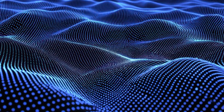 Binary code cascading in a wave pattern across a black and electric blue background, symbolizing data and digital technology.