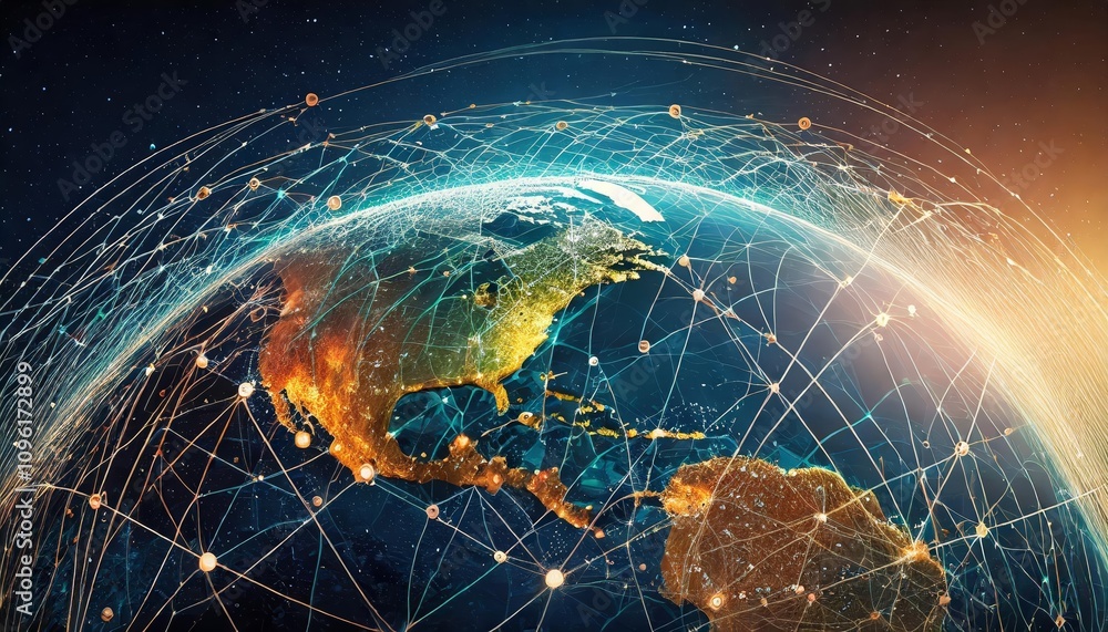 Poster global network visualization: futuristic connection lines and circles encircling earths surface, sho