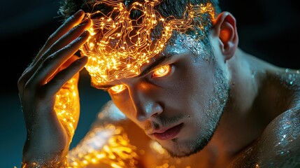 A surreal image of a man with glowing, intricate patterns on his body and vibrant eyes, evoking themes of creativity, energy, and transformation.