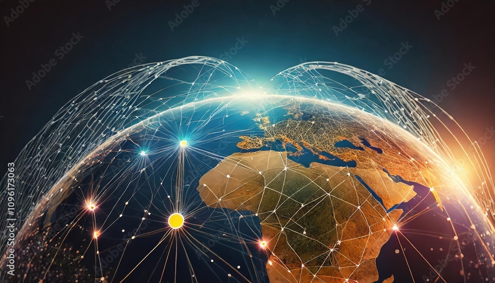 Poster futuristic global technology concept with connection lines and circular nodes spanning the earths su