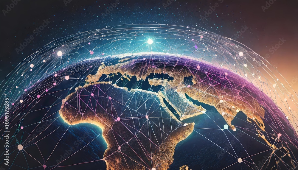 Poster global connection lines encircling earth with futuristic technology patterns, circles, and nodes hig
