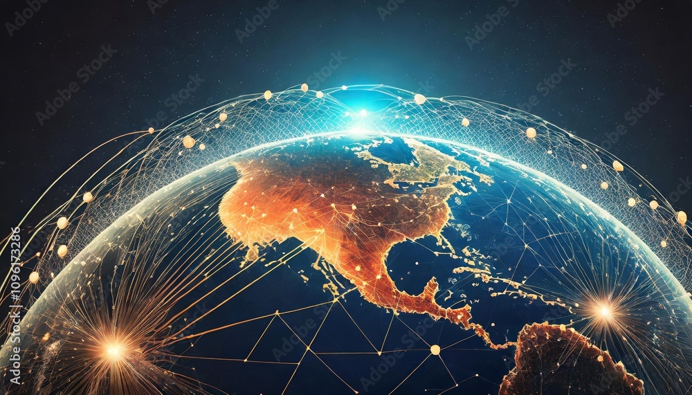 Poster connection lines around the earths surface showcasing futuristic technology concepts, with glowing c