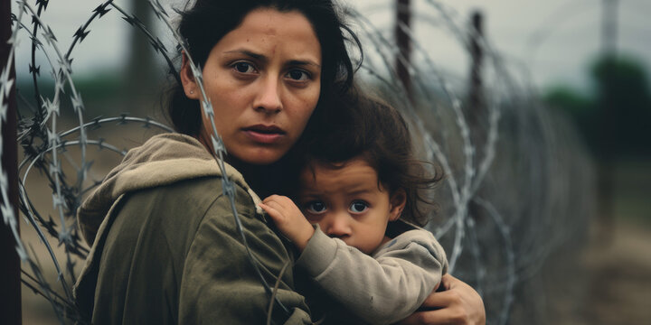 A refugee family at the border near a barbed wire barrier. Generative AI.