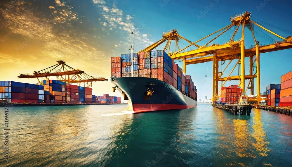 Poster massive container ship loaded with colorful cargo boxes at an export-import dock, featuring a toweri