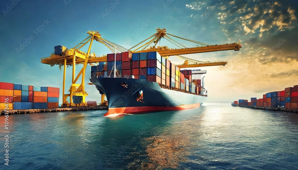 Aufkleber massive container ship transporting cargo boxes for import and export operations docked at a port eq
