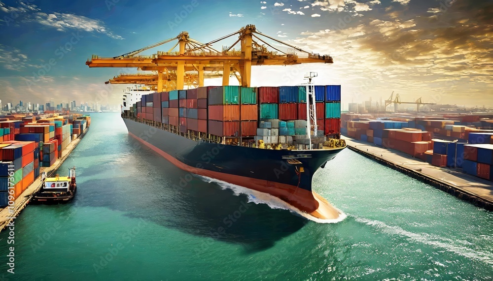 Poster massive container ship docked at port with quay cranes lifting cargo boxes for global import and exp