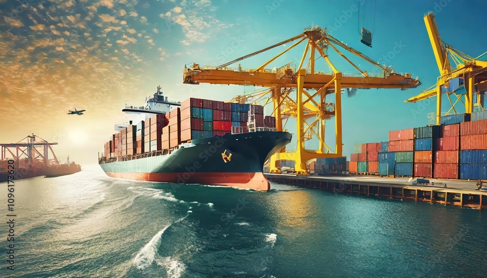 Poster container ship docked at port with quay crane loading and unloading shipping containers, showcasing 