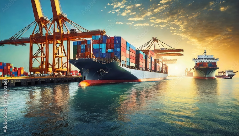 Poster large container ship docked at a bustling port, loaded with shipping containers for global import an