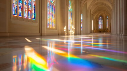 Stained glass window with light rays streaming through, colorful patterns on the floor and walls of an ancient cathedral, religious architecture, background, Catholic content, inside the temple