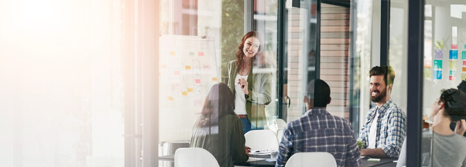 Presentation, training or woman by board in startup for brainstorming solution, group or pitch...
