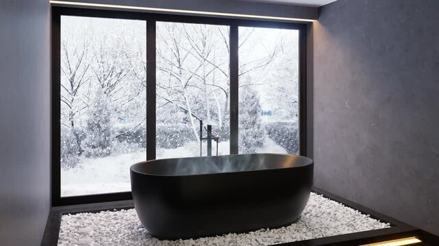 Bathtub with hot water against the background of a window behind which it is snowing. 3d render