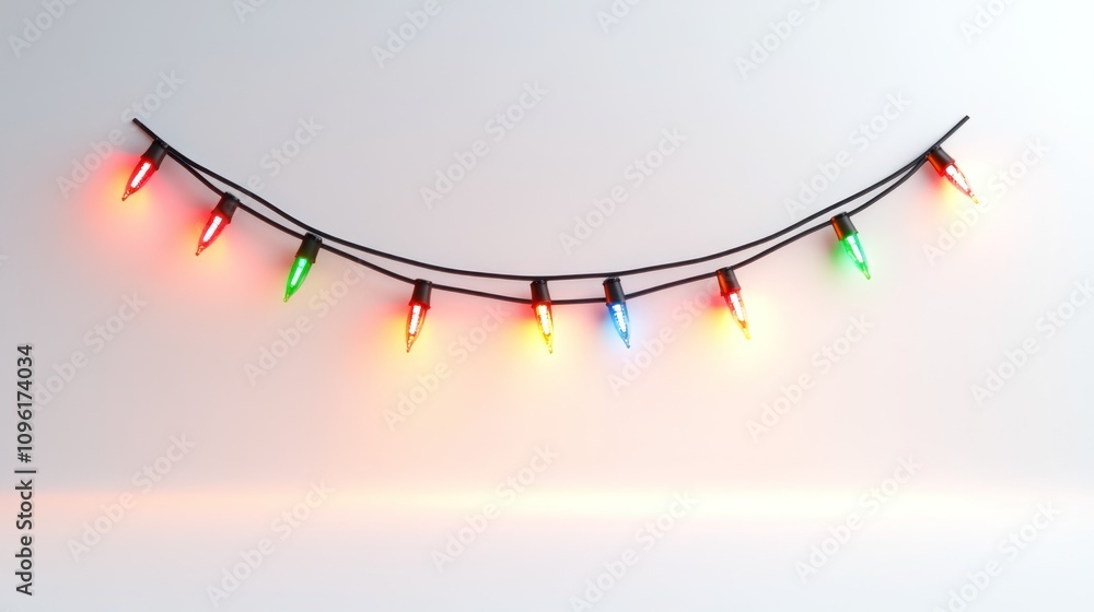 Poster a string of colorful holiday lights glowing against a light background.