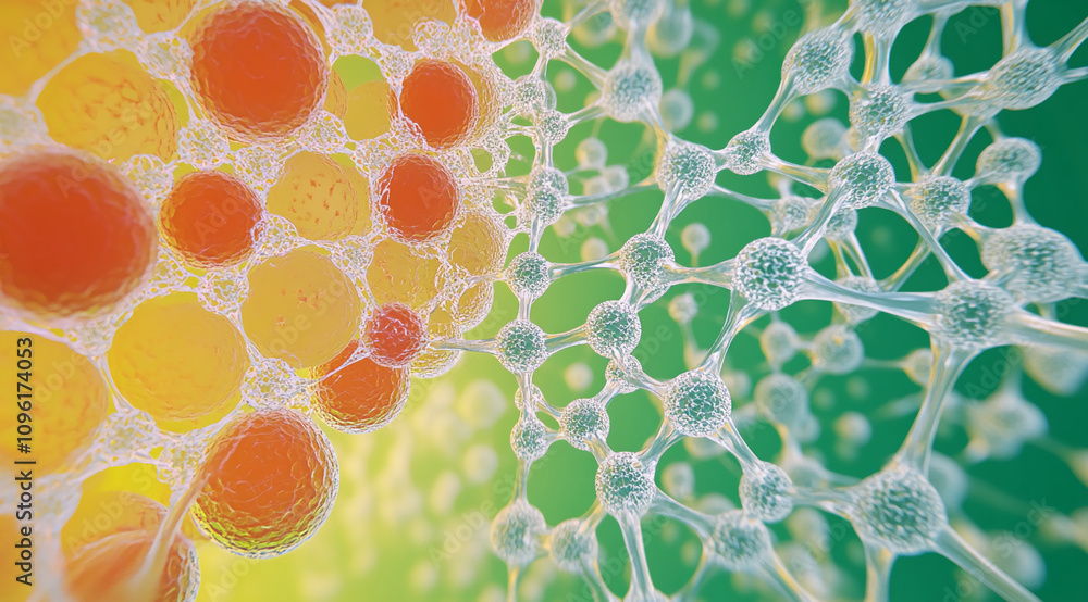 Poster colorful representation of cells illustrating biological processes in a vibrant environment