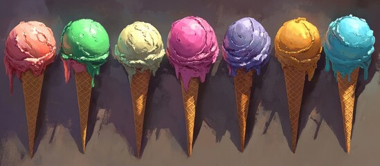 Vibrant ice cream scoops in various colors displayed on cones against a textured background showcasing a playful summer theme