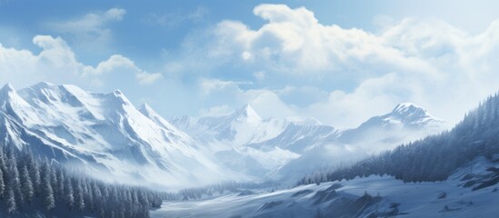 Obraz premium Majestic snow-capped hills under a serene sky creating a picturesque winter landscape in the mountains.