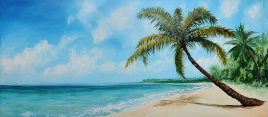 Obraz premium Crooked palm tree on a serene tropical beach with clear skies and tranquil waters showcasing an idyllic coastal landscape scene.